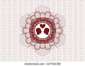Red rosette. Linear Illustration with couple in love icon inside