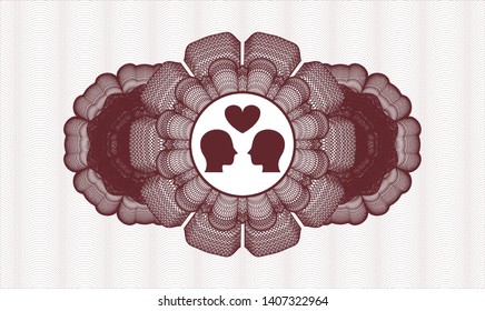 Red rosette. Linear Illustration. with couple in love icon inside