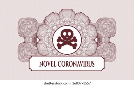 Red rosette. Linear Illustration. with crossbones icon and Novel Coronavirus text inside