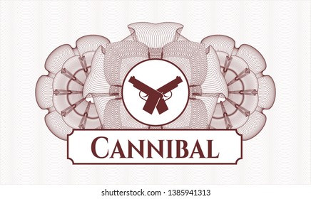 Red rosette. Linear Illustration. with crossed pistols icon and Cannibal text inside