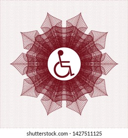 Red rosette. Linear Illustration with disabled (wheelchair) icon inside
