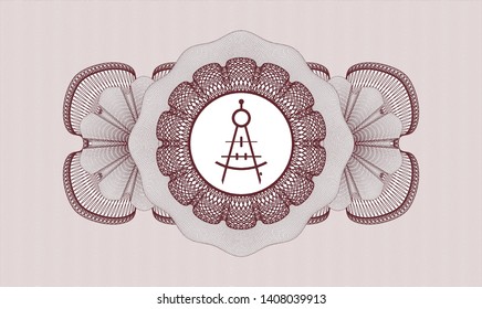 Red rosette. Linear Illustration. with drawing compass icon inside