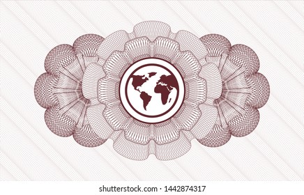Red rosette. Linear Illustration. with earth icon inside
