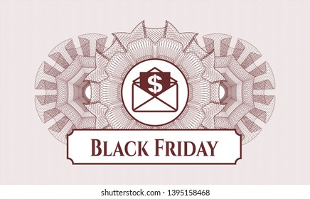 Red rosette. Linear Illustration. with envelope with paper with money symbol inside icon and Black Friday text inside