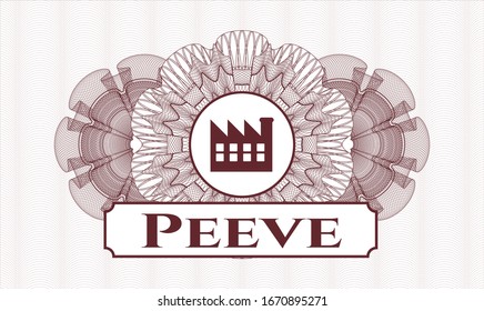 Red rosette. Linear Illustration. with factory icon and Peeve text inside