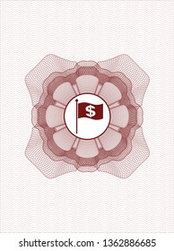 Red rosette. Linear Illustration with flag with money symbol inside icon inside