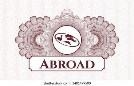 Red rosette. Linear Illustration. with flat earth icon and Abroad text inside