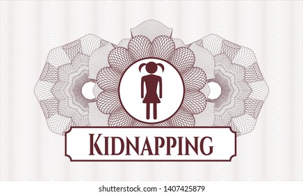 Red rosette. Linear Illustration. with girl icon and Kidnapping text inside