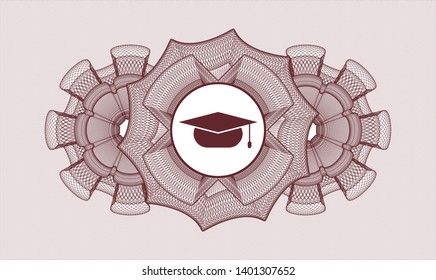 Red rosette. Linear Illustration. with graduation cap icon inside