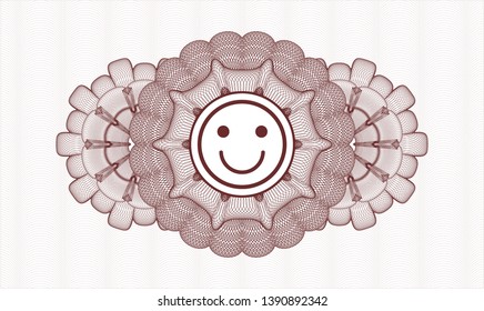 Red rosette. Linear Illustration. with happy face icon inside
