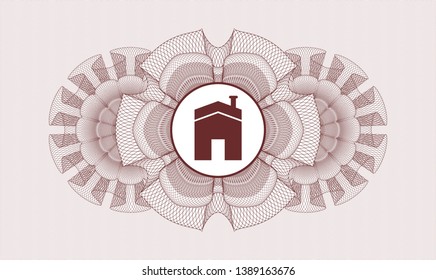 Red rosette. Linear Illustration. with house icon inside