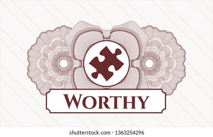Red rosette. Linear Illustration. with jigsaw puzzle piece icon and Worthy text inside