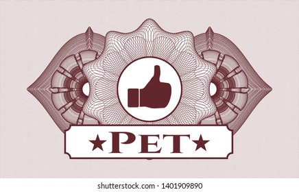 Red rosette. Linear Illustration. with like icon and Pet text inside