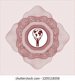 Red rosette. Linear Illustration with man lifting world icon inside