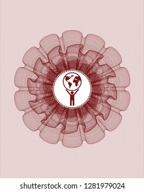 Red rosette. Linear Illustration with man lifting world icon inside