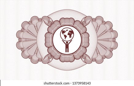 Red rosette. Linear Illustration. with man lifting world icon inside