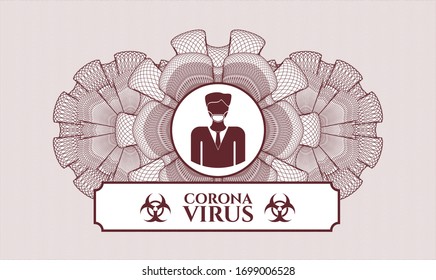 Rosette. Lineare Illustration. mit einem Mann mit Gesichtsmaske-Symbol und Coronavirus-Text innen