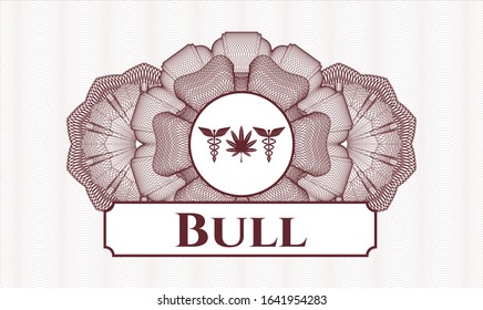 Red rosette. Linear Illustration. with medicinal weed icon and Bull text inside