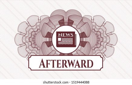 Red rosette. Linear Illustration. with newspaper icon and Afterward text inside