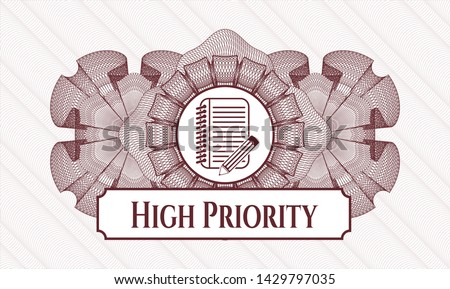 Red rosette. Linear Illustration. with notebook with pencil icon and High Priority text inside