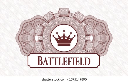 Red rosette. Linear Illustration. with queen crown icon and Battlefield text inside