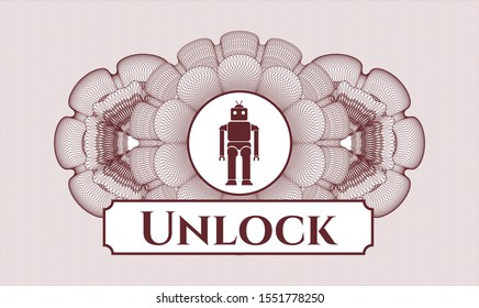 Red rosette. Linear Illustration. with robot icon and Unlock text inside