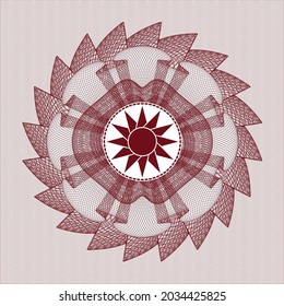 Red rosette. Linear Illustration. with sun icon inside