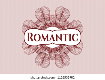 Red rosette. Linear Illustration with text Romantic inside
