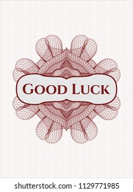 Red rosette. Linear Illustration with text Good Luck inside