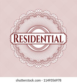 Red rosette. Linear Illustration with text Residential inside