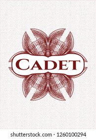 Red rosette. Linear Illustration with text Cadet inside
