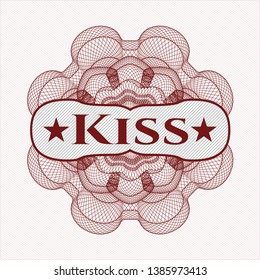 Red rosette. Linear Illustration with text Kiss inside