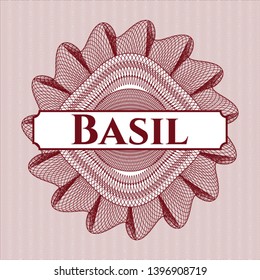 Red rosette. Linear Illustration with text Basil inside