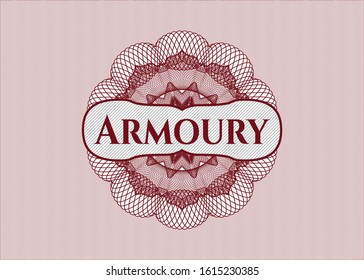 Red rosette. Linear Illustration with text Armoury inside