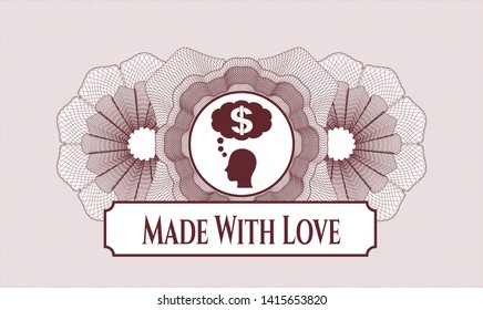 Red rosette. Linear Illustration. with thinking in money icon and Made With Love text inside