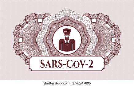 Red rosette. Linear Illustration. Vector. Detailed with man wearing face mask icon and SARS-CoV-2 text inside