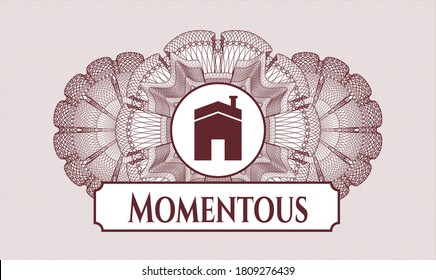 Red rosette. Linear Illustration. Vector. Detailed with house icon and Momentous text inside