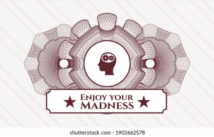 Red rosette. Linear Illustration. Vector. Detailed with head with gears inside icon and Enjoy your Madness text inside