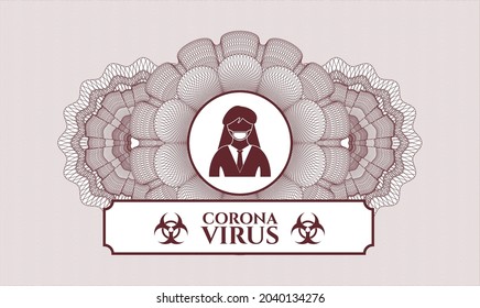 Red rosette. Linear Illustration. Vector. Detailed with woman wearing face mask icon and Coronavirus text inside