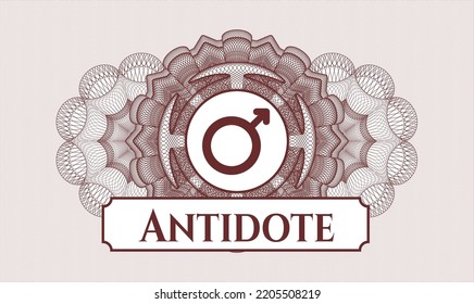 Red Rosette. Linear Illustration. Vector. Detailed With Male Icon And Antidote Text Inside