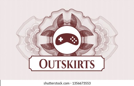 Red rosette. Linear Illustration. with video game icon and Outskirts text inside