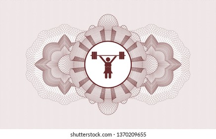 Red rosette. Linear Illustration. with weightlifter girl icon inside