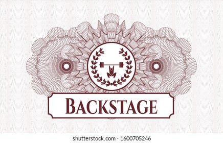 Red rosette. Linear Illustration. with weightlifting inside of crown icon and Backstage text inside