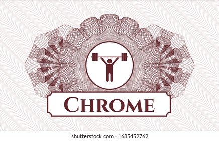 Rosette rojo. Ilustración lineal. con icono de halterofilia y texto cromado