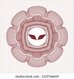 Red rosette. Linear Illustration with wings icon inside