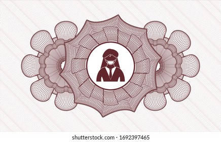 Red rosette. Linear Illustration. with woman wearing face mask icon inside