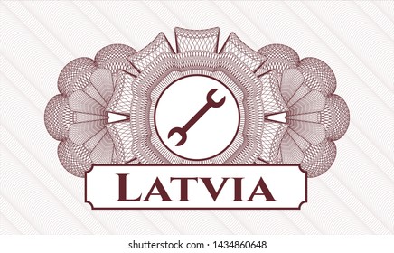 Red rosette. Linear Illustration. with wrench icon and Latvia text inside