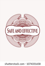 Red rosette (money style emblem) with text Safe and effective inside