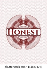 Red rosette or money style emblem with text Honest inside