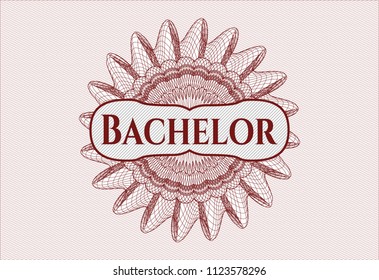 Red rosette or money style emblem with text Bachelor inside